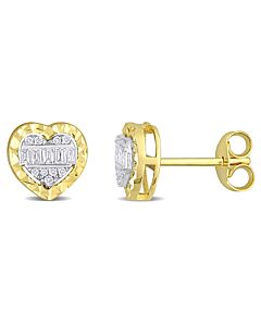 AMOUR 1/4CT TDW Parallel Baguette and Round-shaped Diamonds Heart Halo Stud Earrings In 14K 2-Tone White and Yellow Gold
