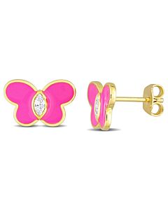 AMOUR 1/4 CT TGW Created White Sapphire Butterfly Pink Enamel Stud Earrings In Yellow Plated Sterling Silver