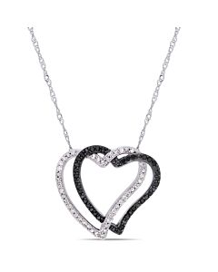 AMOUR 1/4 CT TW Black and White Diamond Double Open Heart Necklace In 10K White Gold with Black Rhodium Plating
