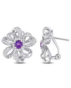 AMOUR 1 5/8 CT TGW African Amethyst and White Topaz Floral Clip-back Earrings In Sterling Silver