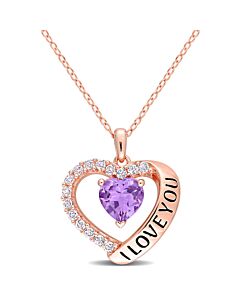 AMOUR 1 5/8 CT TGW Amethyst and White Topaz Heart 'i Love You' Pendant with Chain In Rose Plated Sterling Silver