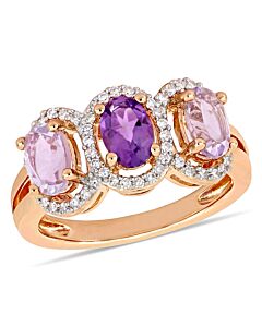 Amour 1/5 CT TDW Diamond and 1 3/8 CT TGW Rose de France w/ Amethyst-Africa 3-Stone Ring in Pink Silver