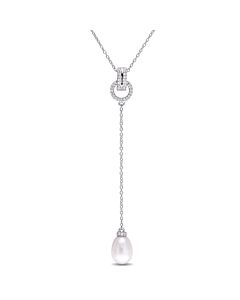 AMOUR 1/5 CT TGW White Topaz and 8 - 8.5 Mm White Cultured Freshwater Pearl Drop Pendant with Chain In Sterling Silver