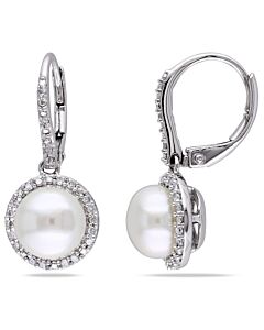 AMOUR 1/5 CT TW Diamond and 8 Mm White Cultured Freshwater Pearl Leverback Halo Earrings In Sterling Silver
