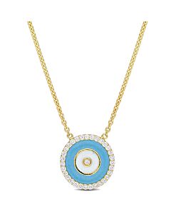 AMOUR 1/6CT TDW Diamond Blue Enamel Halo Necklace In 14K Yellow Gold - 17 In.
