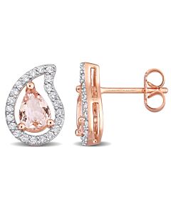 AMOUR 1 7/8 CT TGW Pear Shape Morganite and White Topaz Teardrop Stud Earrings In Rose Plated Sterling Silver