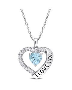 AMOUR 1 7/8 CT TGW Sky Blue Topaz and White Topaz Heart "i Love You in Heart Pendant with Chain In Sterling Silver