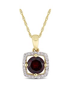 AMOUR 1 CT TGW Garnet and 1/10 CT TW Diamond Halo Square Drop Pendant with Chain In 10K Yellow Gold