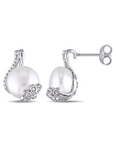 AMOUR 10 - 10.5 Mm White Cultured Freshwater Pearl and 1/10 CT TW Diamond Swirl Earrings In Sterling Silver