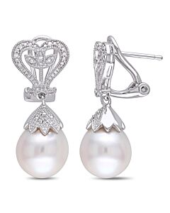 AMOUR 10 - 10.5 Mm White Cultured Freshwater Pearl and Diamond Heart Leaf Earrings In Sterling Silver