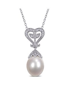 AMOUR 10 - 10.5 Mm White Cultured Freshwater Pearl and Diamond Heart Leaf Pendant with Chain In Sterling Silver