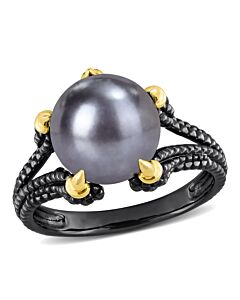 Amour 10.5 - 11 MM Black Freshwater Cultured Pearl Fashion Ring Yellow Silver Black Rhodium Plated