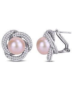 AMOUR 10.5 - 11 Mm Pink Cultured Freshwater Pearl and 1 1/2 CT TGW Cubic Zirconia Interlaced Halo Clip-back Earrings In Sterling Silver