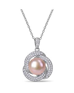 AMOUR 10.5 - 11 Mm Pink Cultured Freshwater Pearl and 3/4 CT TGW Cubic Zirconia Interlaced Halo Necklace In Sterling Silver