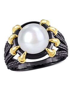 Amour 10.5 - 11 MM White Freshwater Cultured Pearl Fashion Ring Yellow Silver Black Rhodium Plated