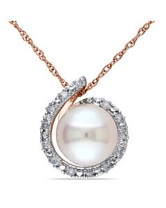 AMOUR 8 - 8.5 Mm Cultured Freshwater Pearl and Diamond Swirl Halo Necklace In 10K Rose Gold