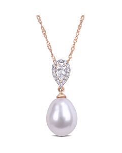AMOUR 9-9.5 Mm Freshwater Cultured Pearl 1/4 CT TGW White Topaz and Diamond Accent Drop Pendant with Chain In 10K Rose Gold