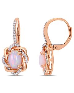 AMOUR 1 1/2 CT TGW Blue Ethiopian Opal and 1/4 CT TW Diamond Halo Leverback Earrings In 10K Rose Gold