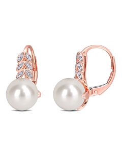 AMOUR 9-9.5mm Cultured White Freshwater Pearl and 1/10 CT TW Diamond Leverback Earrings In 10K Rose Gold