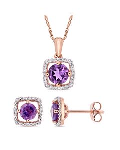 AMOUR 2-piece Set Of 1 2/5 CT TGW Amethyst and 1/6 CT TW Diamond Square Halo Stud Earrings and Pendant with Chain In 10K Rose Gold