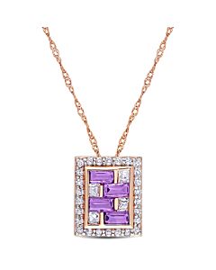 AMOUR 1 CT TGW Baguette African-amethyst and White Topaz Geometric Pendant with Chain In 10K Rose Gold