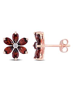 AMOUR 3 1/4 CT TGW Garnet and Diamond Accent Floral Stud Earrings In 10K Rose Gold