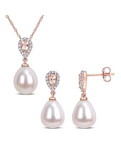 AMOUR 1/5 CT TW Diamond and 3/4 CT TGW Morganite with 9-9.5 Mm White Freshwater Cultured Pearl Drop Earrings and Pendant Set In 10K Rose Gold