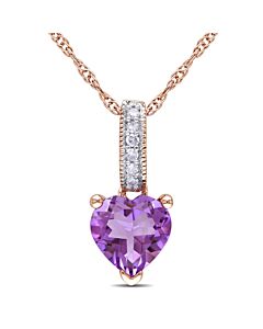 AMOUR Heart Shaped Amethyst Pendant and Chain with Diamonds In 10K Rose Gold
