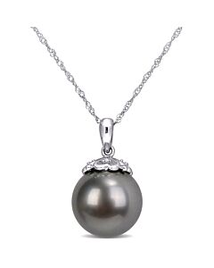 AMOUR 11-12 Mm Black Tahitian Cultured Pearl and Diamond Accent Drop Pendant with Chain In 10K White Gold