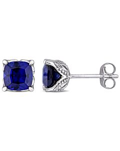 AMOUR 2 1/2 CT TGW Created Blue Sapphire and Diamond Accent Stud Earrings In 10K White Gold