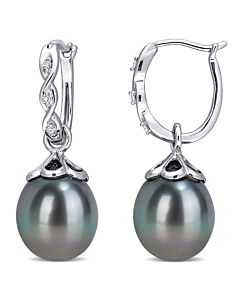 AMOUR 9 - 9.5 Mm Black Tahitian Cultured Pearl and Diamond Accent Infinity Hoop Earrings In 10K White Gold