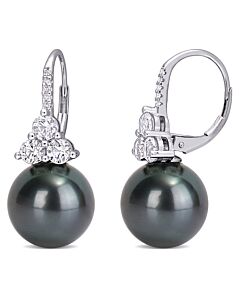 AMOUR 11 - 12 Mm Black Tahitian Cultured Pearl, 1 3/8 CT TGW Created Sapphire and Diamond Accent Leverback Earrings In 10K White Gold
