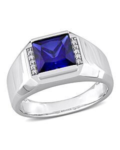 Amour 10k White Gold 0.05 CT Diamond TW And 3.06 CT TGW Created Blue Sapphire Fashion Ring