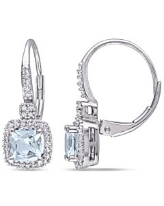 AMOUR Cushion Cut Aquamarine and 1/5 CT TW Diamond Halo Leverback Earrings In 10K White Gold