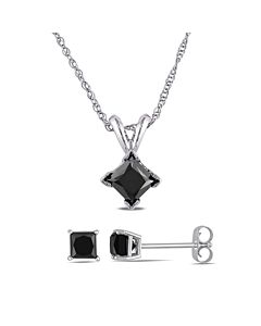 AMOUR 1 1/2 CT TW Black Princess Cut Diamond Solitaire Pendant with Chain and Earrings Set In 10K White Gold