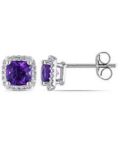 AMOUR Cushion Cut Amethyst-Africa and 1/10 CT TW Diamond Halo Earrings In 10K White Gold