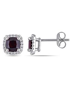 AMOUR Cushion Cut Garnet and 1/10 CT TW Diamond Halo Earrings In 10K White Gold