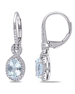 AMOUR Oval Aquamarine and 1/4 CT TW Diamond Leverback Earrings In 10K White Gold