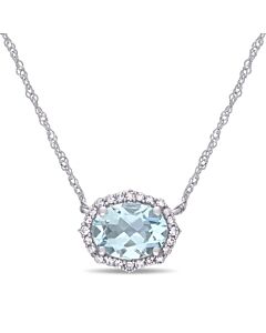 AMOUR 1 CT TGW Aquamarine and 1/10 CT TW Diamond Vintage Halo Necklace In 10K White Gold