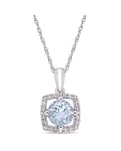 AMOUR 3/4 CT TGW Aquamarine and Diamond Square Halo Pendant with Chain In 10K White Gold