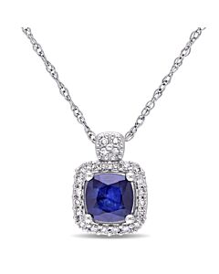 AMOUR 1/10 CT TW Halo Diamond and Cushion Cut Diffused Sapphire Pendant with Chain In 10K White Gold