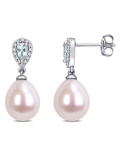 AMOUR 9-9.5 Mm Freshwater Cultured Pearl 3/8 CT TGW Aquamarine and 1/7 CT TW Diamond Drop Earrings In 10K White Gold