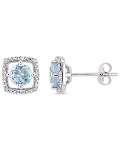 AMOUR 1 CT TGW Sky Blue Topaz and Diamond Halo Square Stud Earrings In 10K White Gold