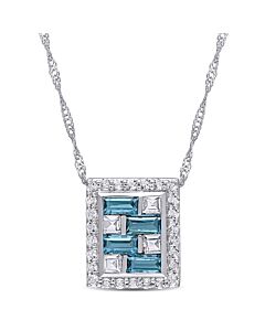 AMOUR 2 1/7 CT TGW Baguette London-blue Topaz and White Topaz Geometric Pendant with Chain In 10K White Gold
