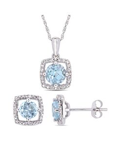 AMOUR 2-piece Set Of 2 CT TGW Sky Blue Topaz and 1/6 CT TW Diamond Square Halo Stud Earrings and Pendant with Chain In 10K White Gold