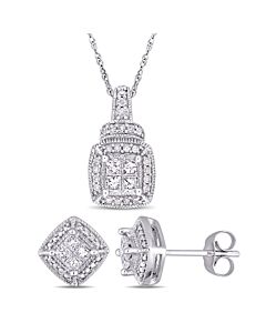 AMOUR 2-piece Set Of 5/8 CT TW Princess and Round Diamond Cluster Stud Earrings and Pendant with Chain In 10K White Gold