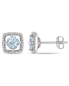 AMOUR 4/5 CT TGW Aquamarine and Diamond Square Halo Stud Earrings In 10K White Gold