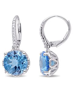 AMOUR 6 CT TGW Swiss-blue Topaz and 1/10 CT TW Diamond Leverback Earrings In 10K White Gold