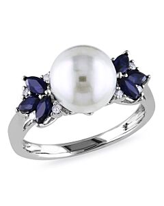 Amour 10k White Gold 9-9.5 mm Freshwater Cultured White Pearl and 5/8 CT TGW Sapphire with 0.06 CT TDW Diamond Cocktail Ring
