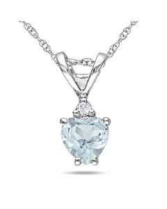 AMOUR Diamond and Aquamarine Heart Shaped Pendant with Chain In 10K White Gold